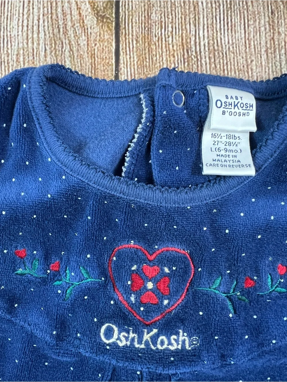 Vintage Oshkosh B’gosh Baby Velvet Polka Dot Romper Blue Embroidered 6-9 Months